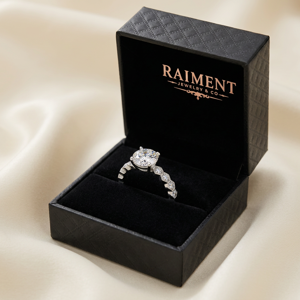 Men's iced-out moissanite ring inside open jewelry box, Raiment Jewelry & Co.