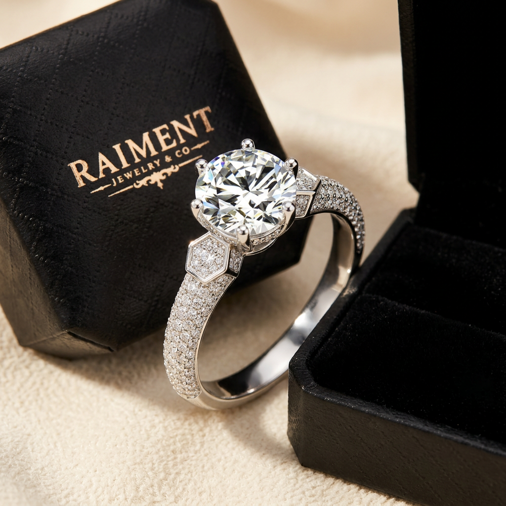 Men's iced-out moissanite ring styled beside jewelry box on cream, Raiment Jewelry & Co.