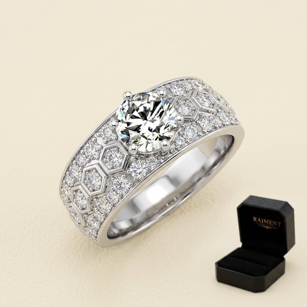 Men's iced-out moissanite ring on cream background, Raiment Jewelry & Co.