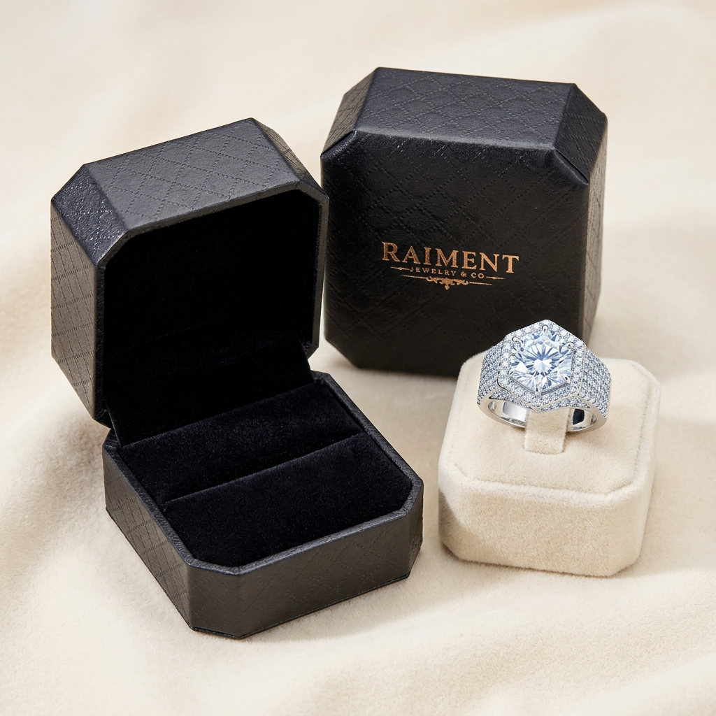 Raiment Jewelry & Co. men's iced-out hexagon moissanite ring beside open jewelry box on cream background