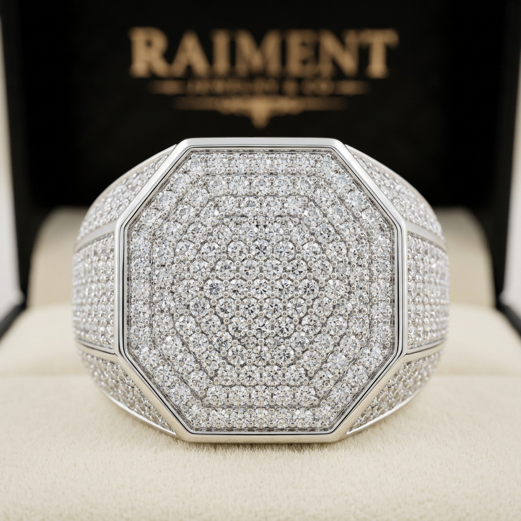 Men's iced-out hexagon moissanite ring macro close-up, Raiment Jewelry & Co.
