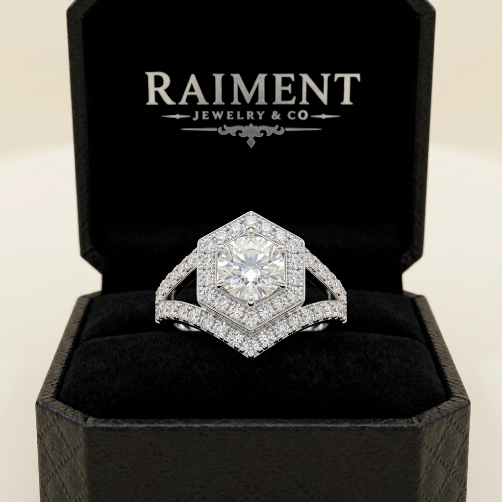 Men's iced-out hexagon moissanite ring inside open jewelry box, Raiment Jewelry & Co.