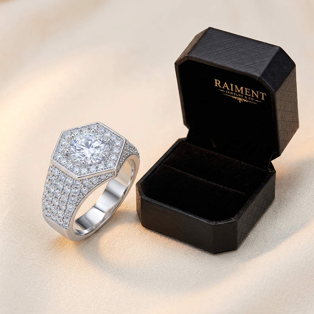 Men's iced-out hexagon moissanite ring styled beside jewelry box on cream, Raiment Jewelry & Co.