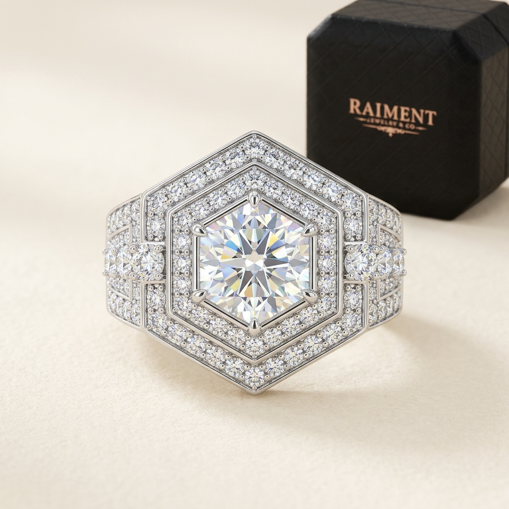 Men's iced-out hexagon moissanite ring on cream background, Raiment Jewelry & Co.