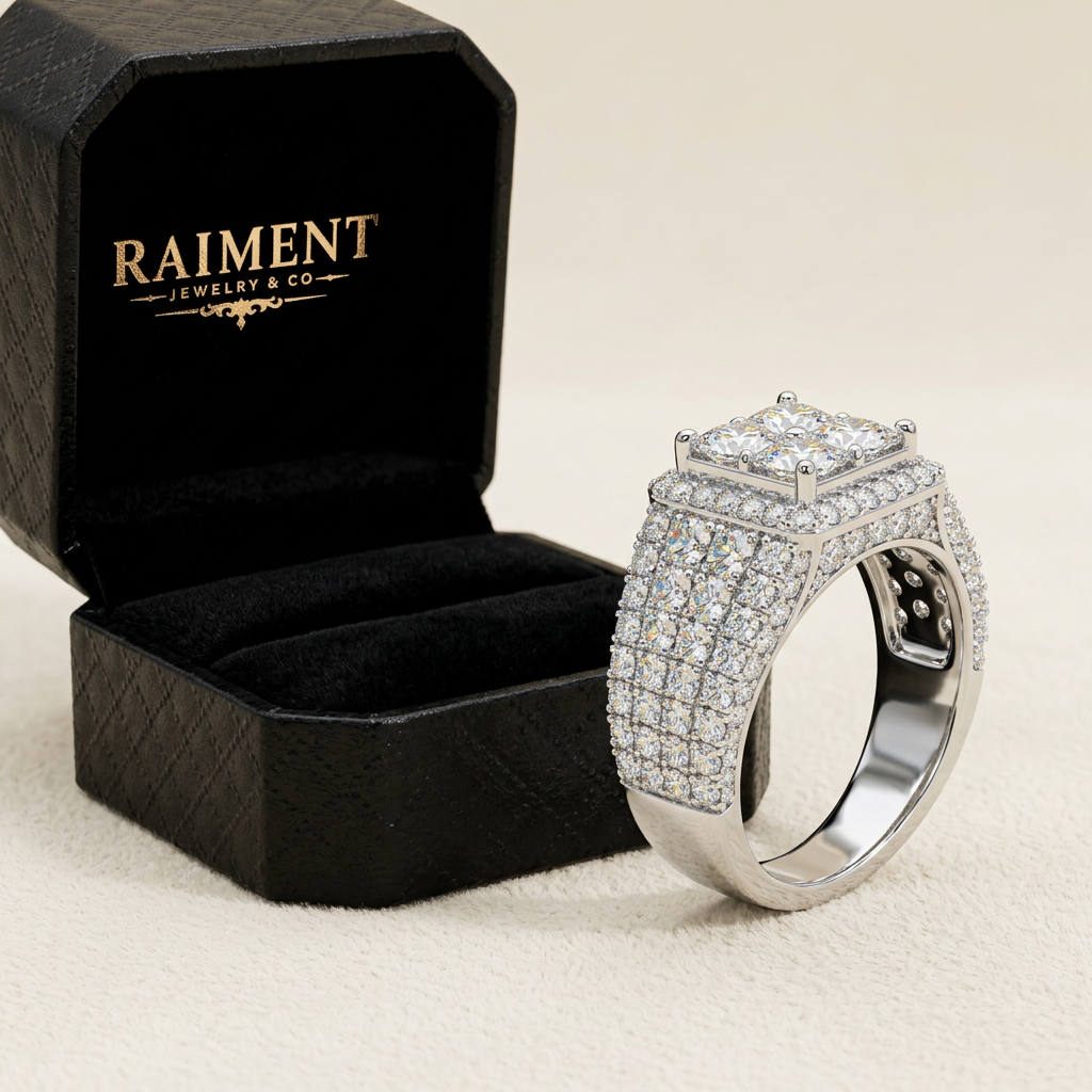 Raiment Jewelry & Co. men's iced-out quad moissanite ring beside open jewelry box on cream background