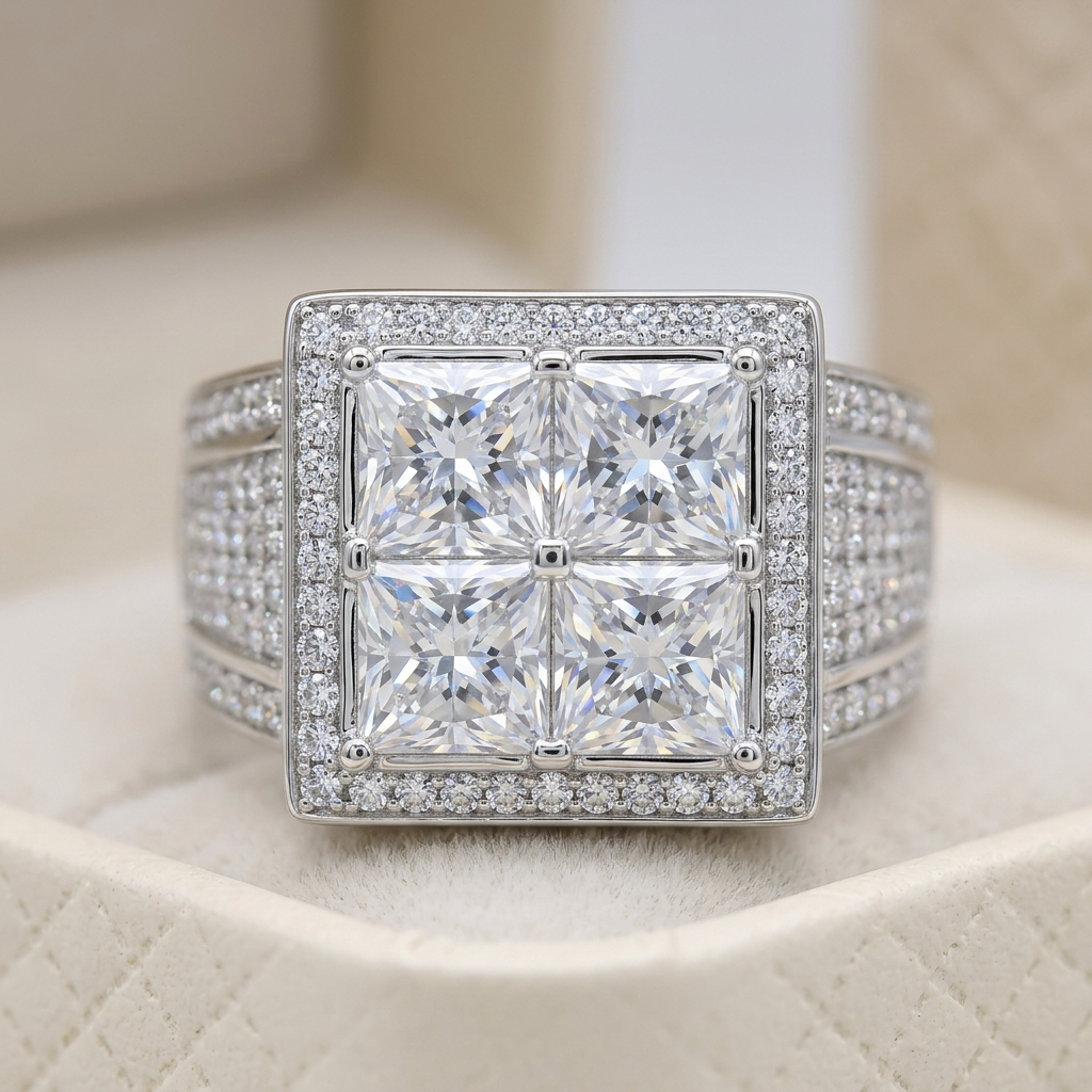 Men's iced-out quad moissanite ring macro close-up, Raiment Jewelry & Co.