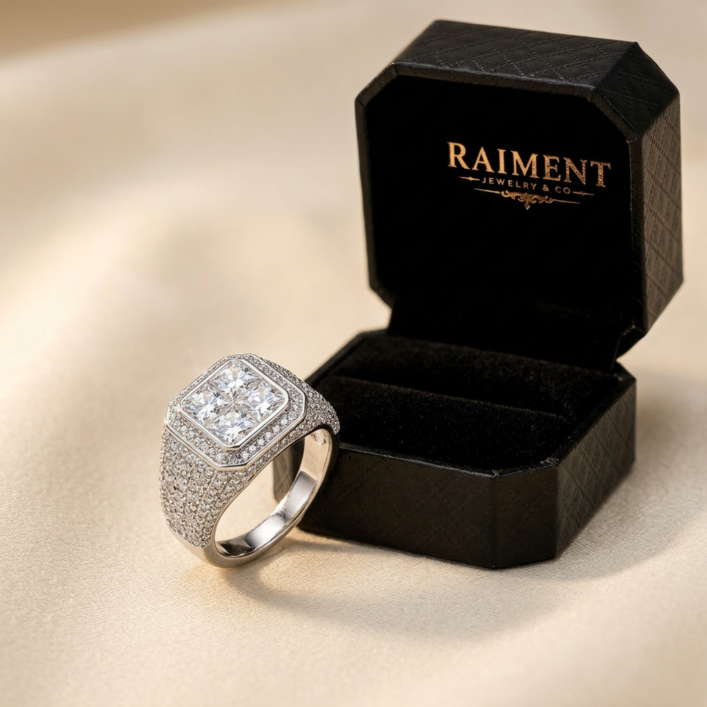 Men's iced-out quad moissanite ring styled beside jewelry box on cream, Raiment Jewelry & Co.