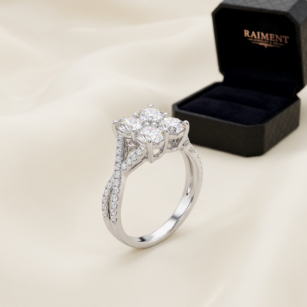 Men's iced-out quad moissanite ring on cream background, Raiment Jewelry & Co.