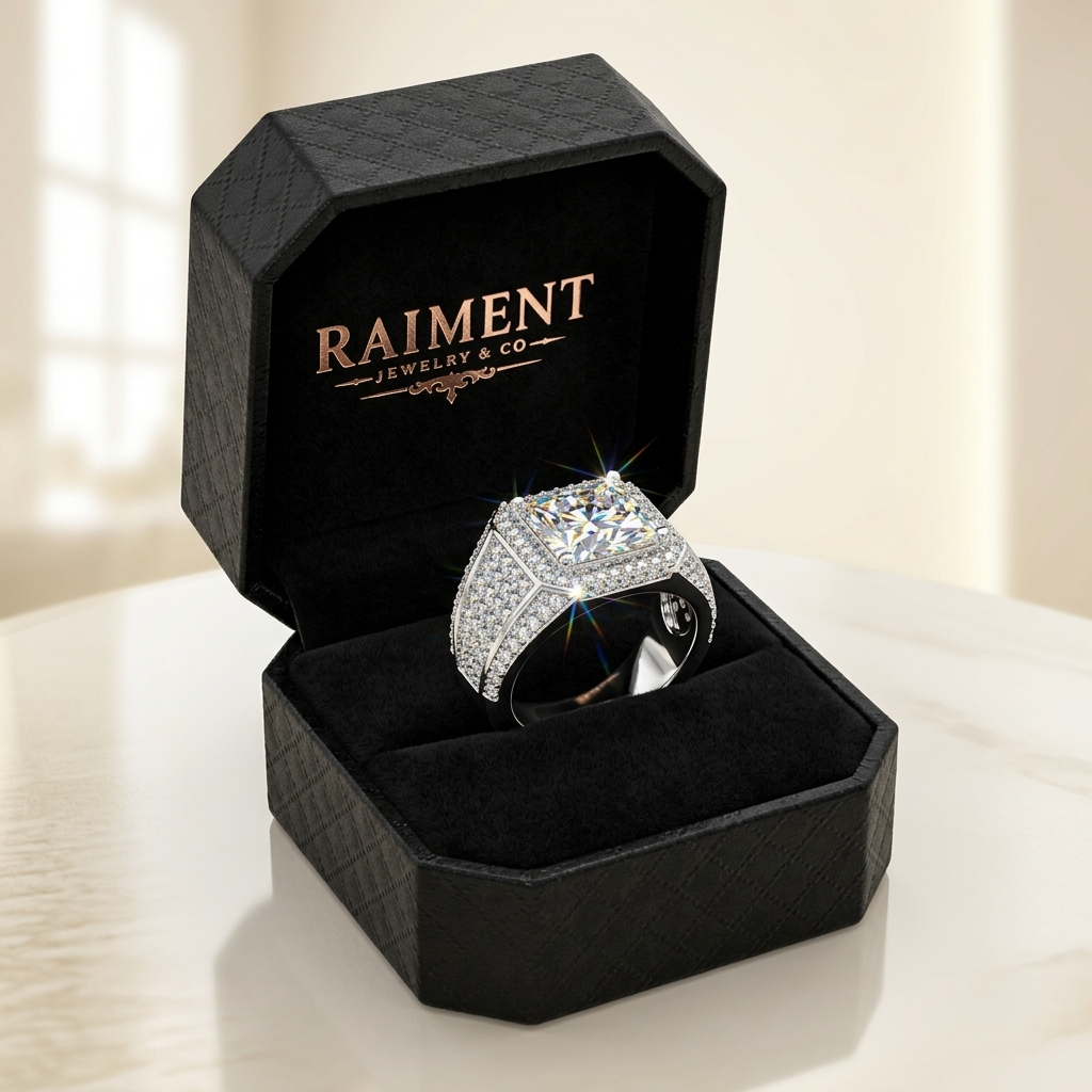 Oval-cut moissanite ring inside open jewelry box, Raiment Jewelry & Co.