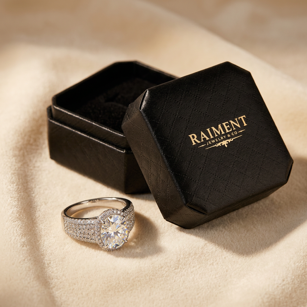 Oval-cut moissanite ring styled beside jewelry box on cream, Raiment Jewelry & Co.