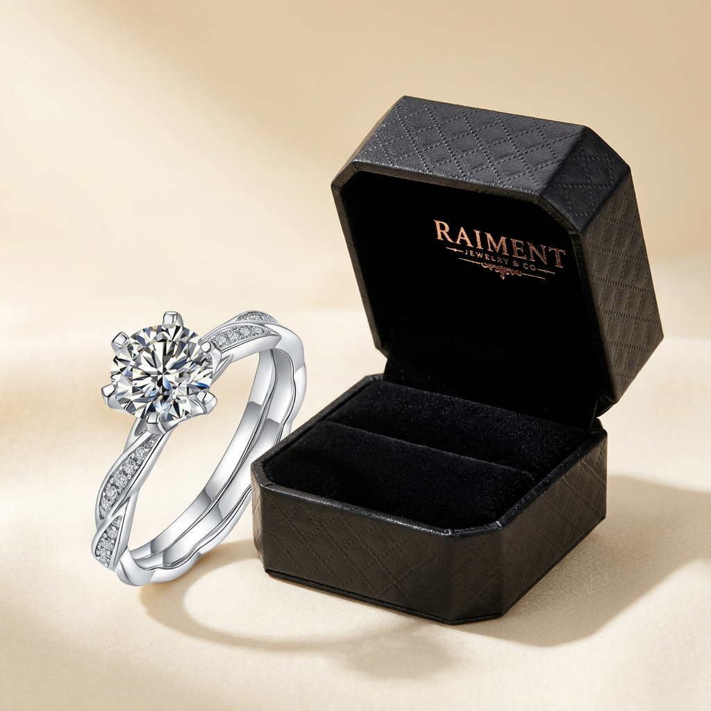 Raiment Jewelry & Co. moissanite bridal ring set beside open jewelry box on cream background