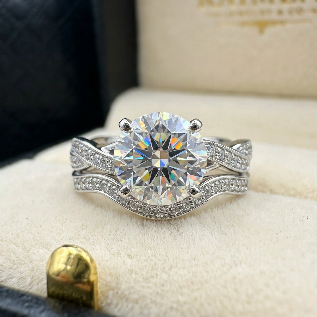 Moissanite bridal ring set macro close-up, Raiment Jewelry & Co.
