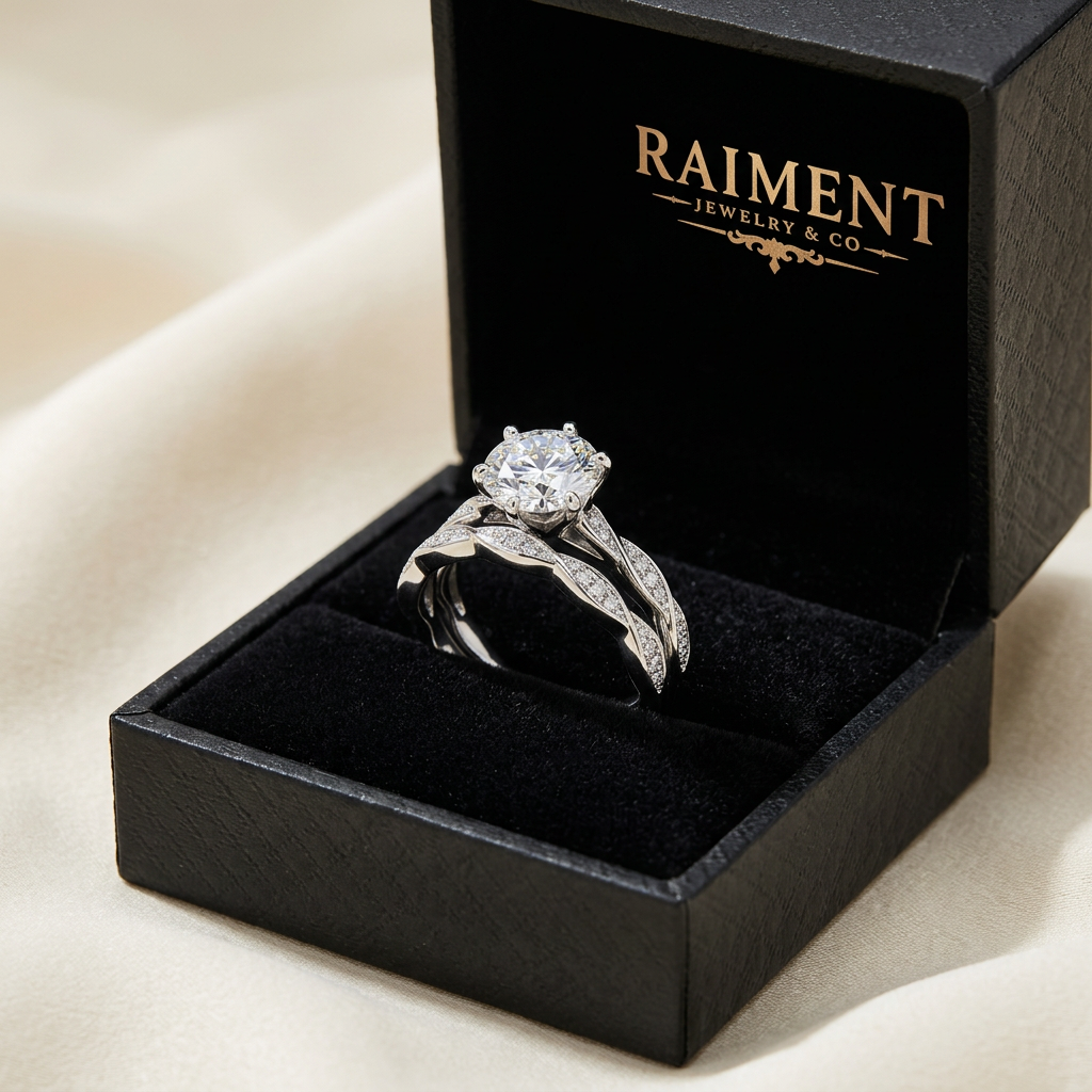 Moissanite bridal ring set inside open jewelry box, Raiment Jewelry & Co.