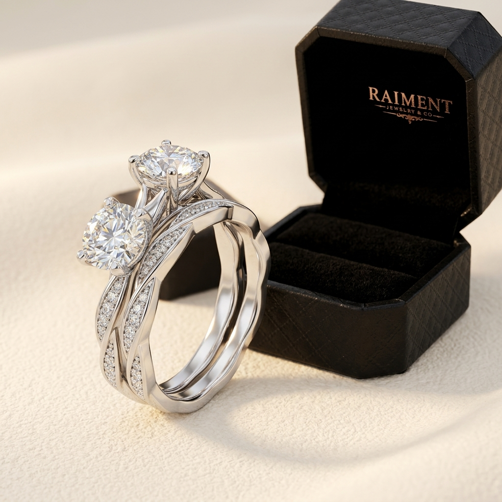 Moissanite bridal ring set styled beside jewelry box on cream, Raiment Jewelry & Co.