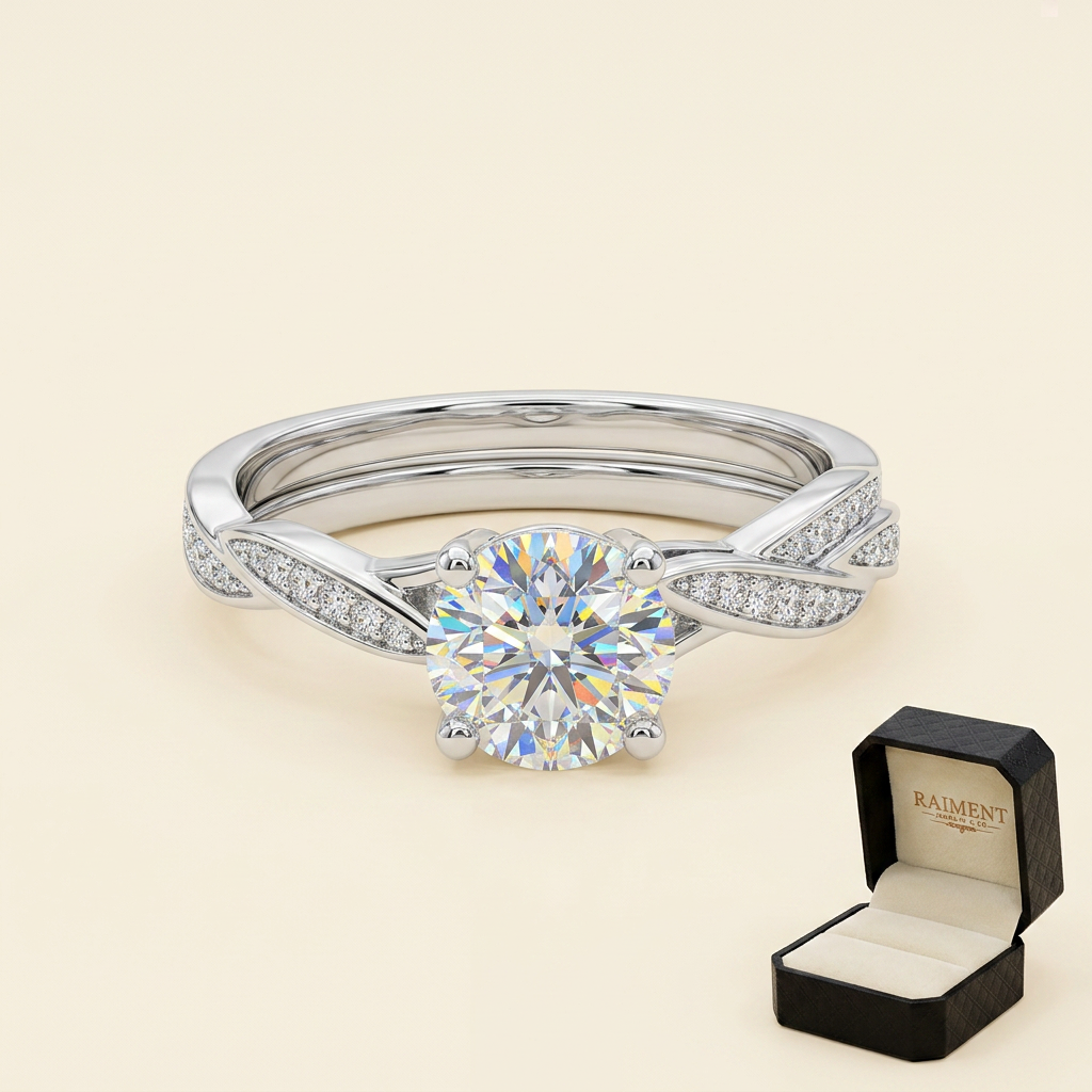 Moissanite bridal ring set on cream background, Raiment Jewelry & Co.