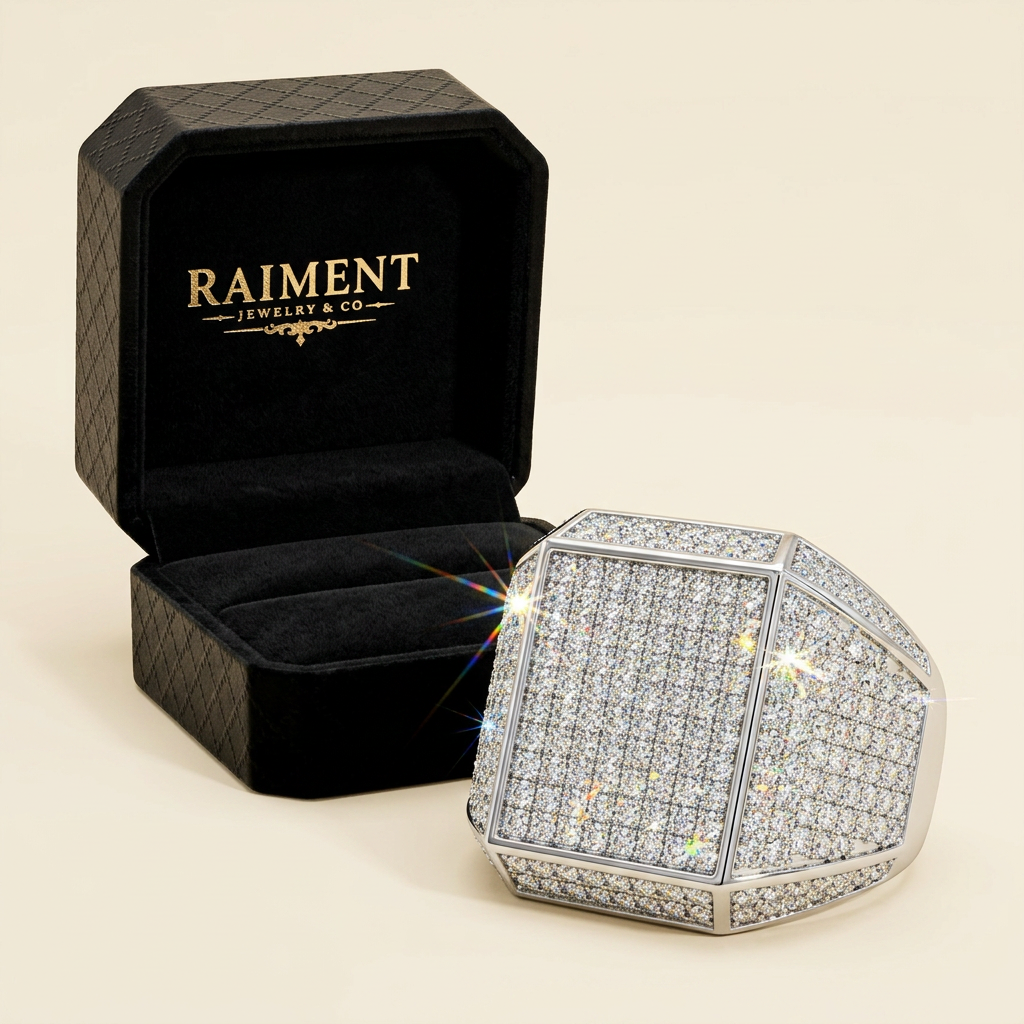 Raiment Jewelry & Co. moissanite accent band ring beside open jewelry box on cream background