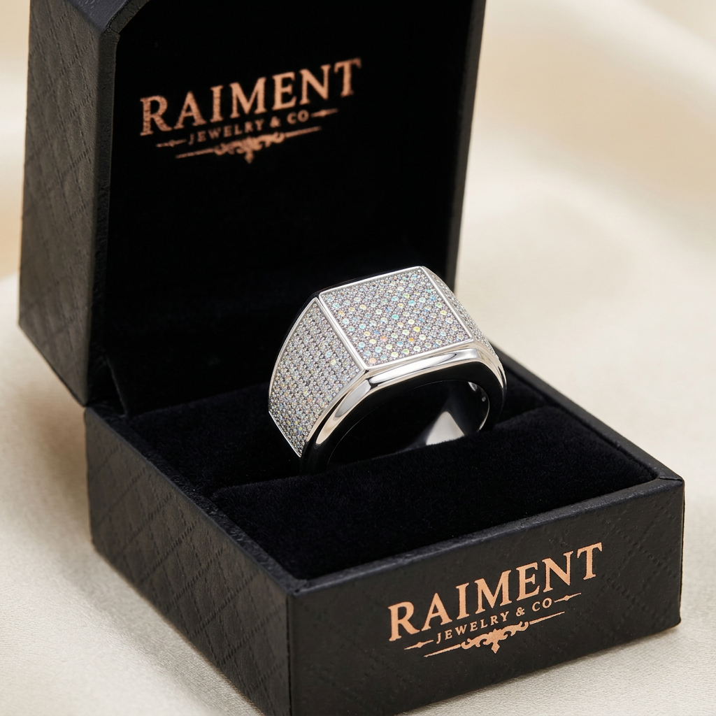 Moissanite accent band ring inside open jewelry box, Raiment Jewelry & Co.