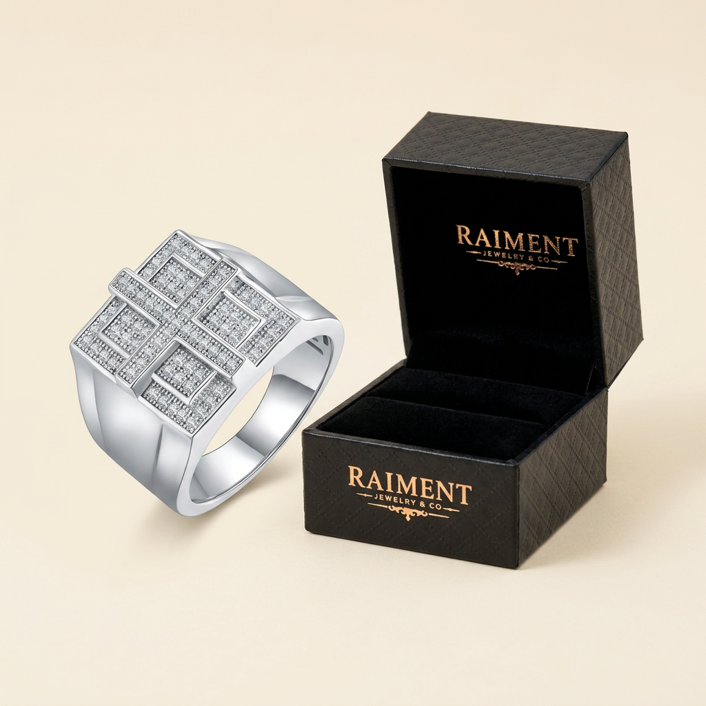 Raiment Jewelry & Co. moissanite whisper-thin band ring beside open jewelry box on cream background