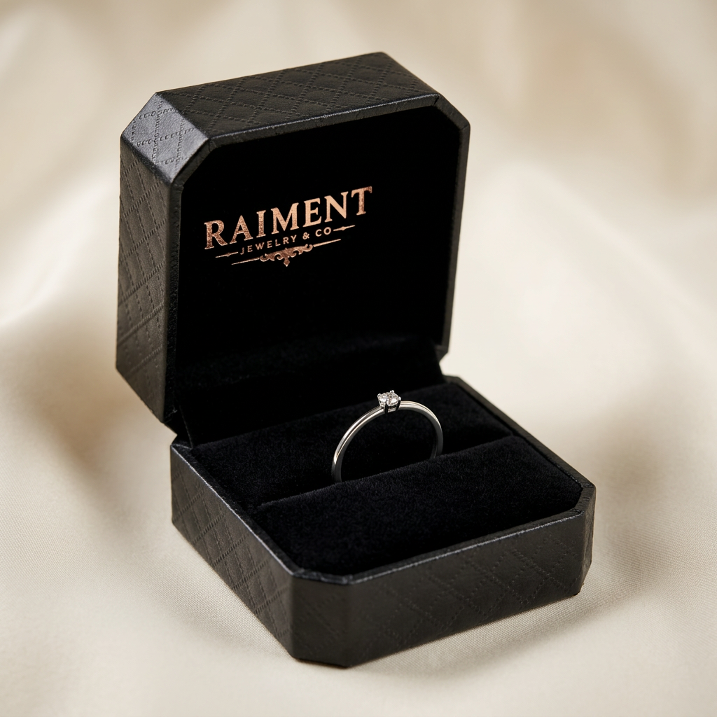 Moissanite whisper-thin band ring inside open jewelry box, Raiment Jewelry & Co.