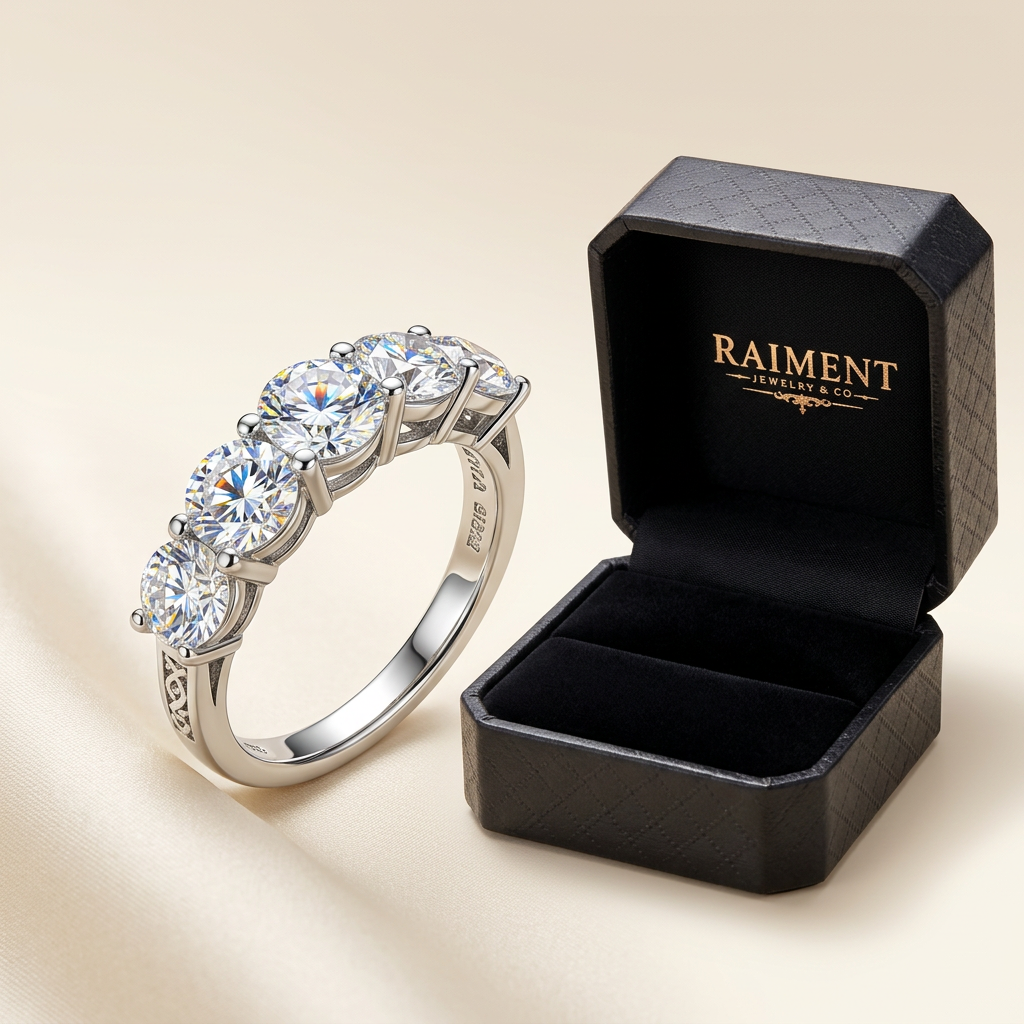 Raiment Jewelry & Co. moissanite five-stone ring beside open jewelry box on cream background