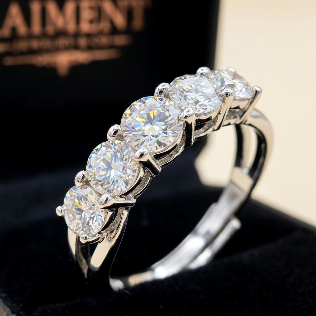 Moissanite five-stone ring macro close-up, Raiment Jewelry & Co.