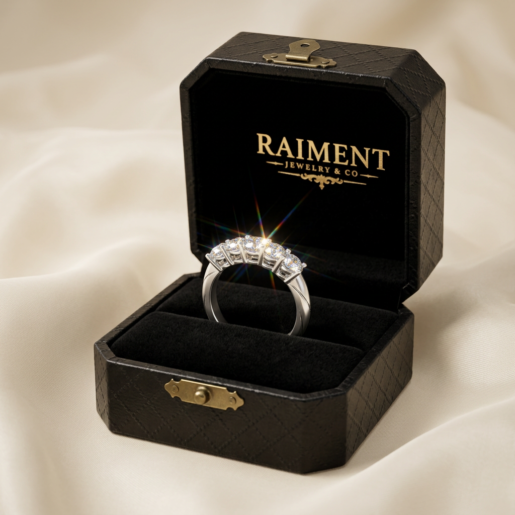 Moissanite five-stone ring inside open jewelry box, Raiment Jewelry & Co.