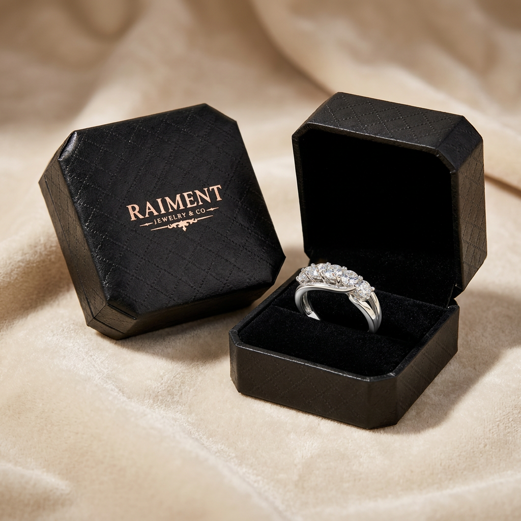 Moissanite five-stone ring styled beside jewelry box on cream, Raiment Jewelry & Co.