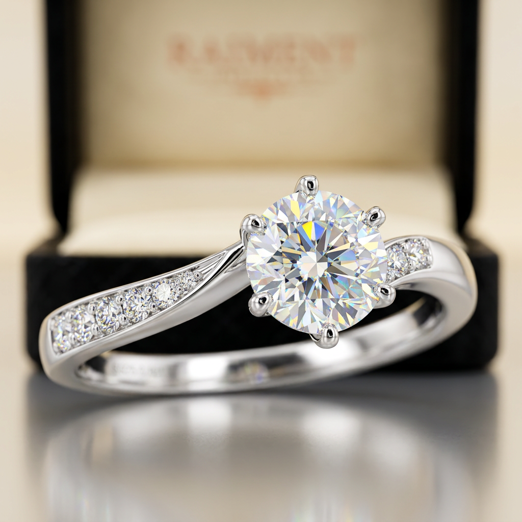 Moissanite wave accent ring macro close-up, Raiment Jewelry & Co.