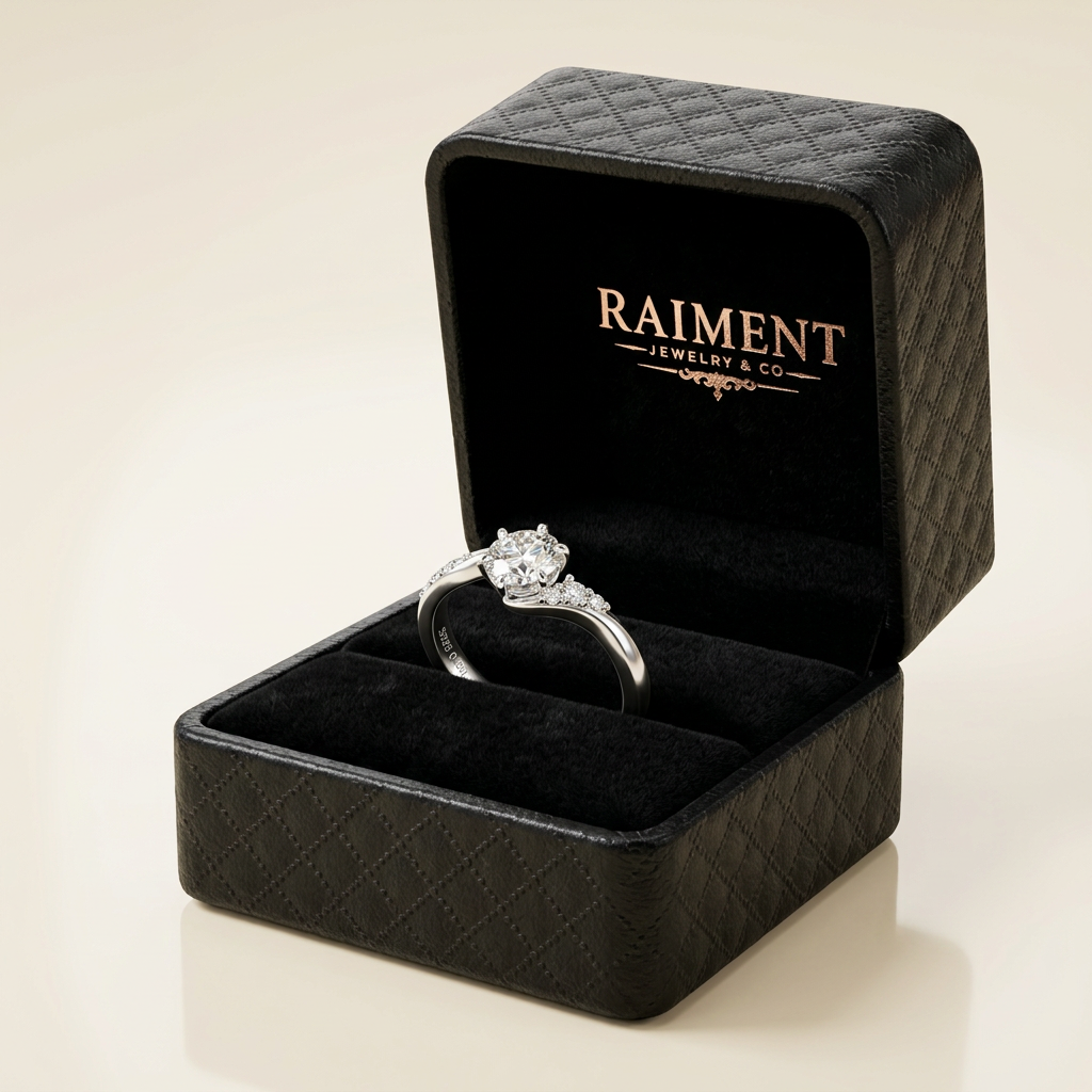 Moissanite wave accent ring inside open jewelry box, Raiment Jewelry & Co.