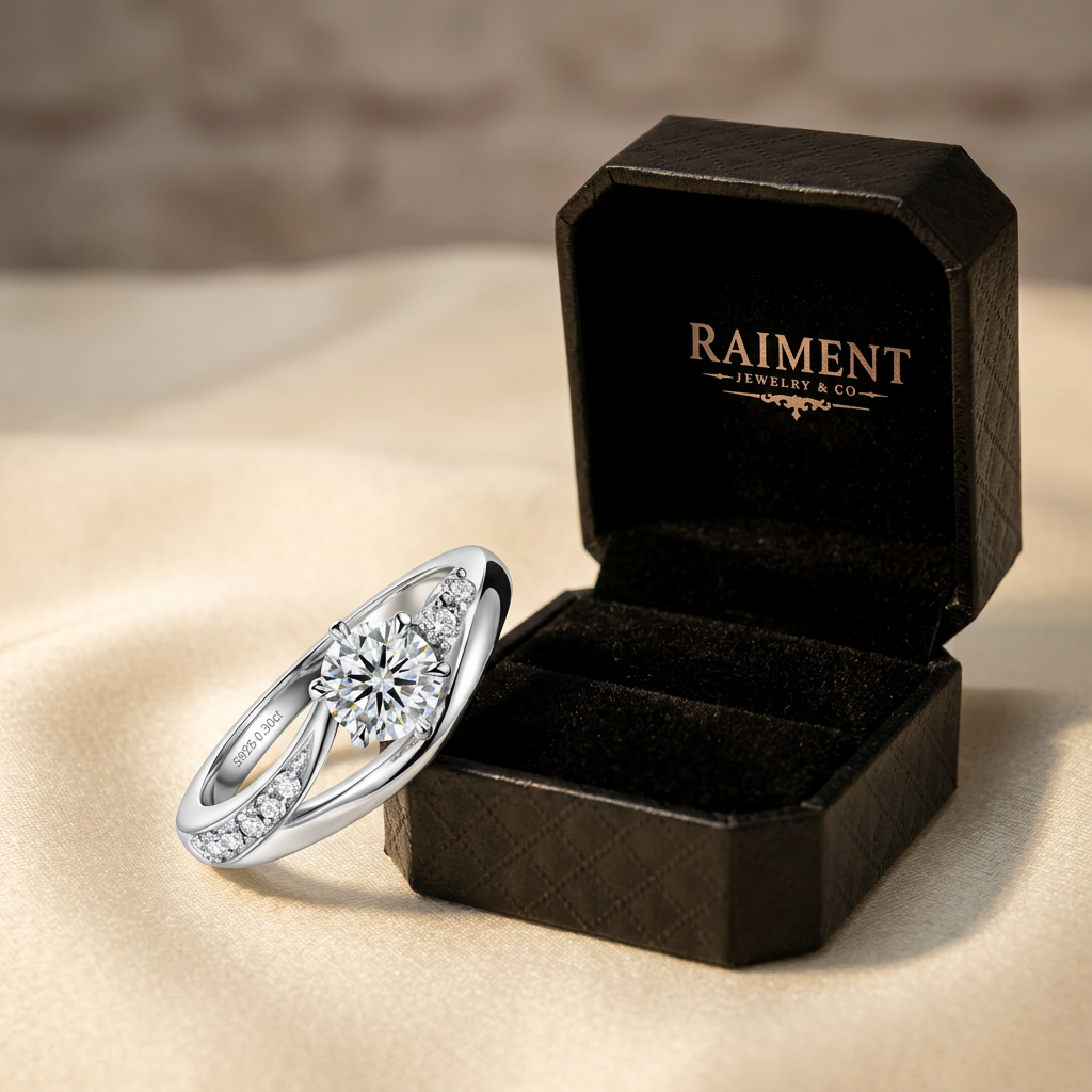 Moissanite wave accent ring styled beside jewelry box on cream, Raiment Jewelry & Co.