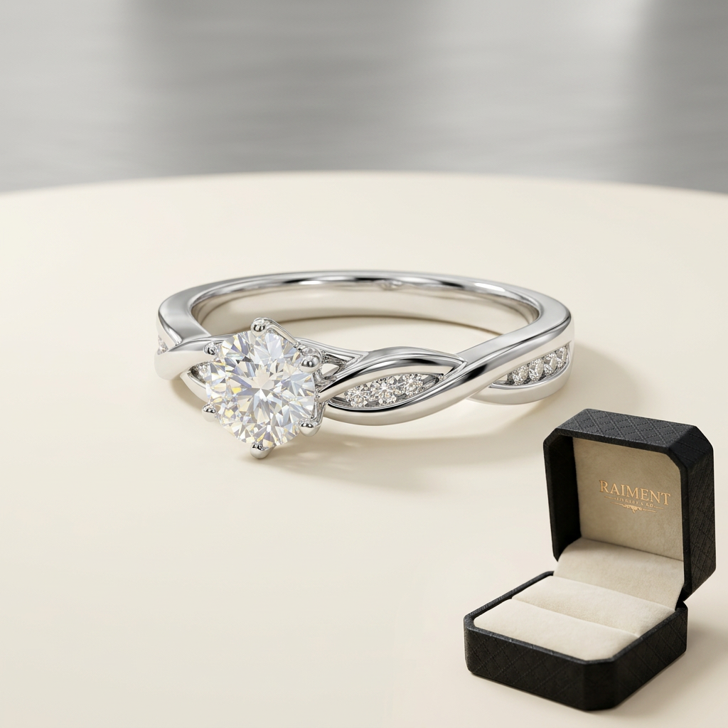 Moissanite wave accent ring on cream background, Raiment Jewelry & Co.