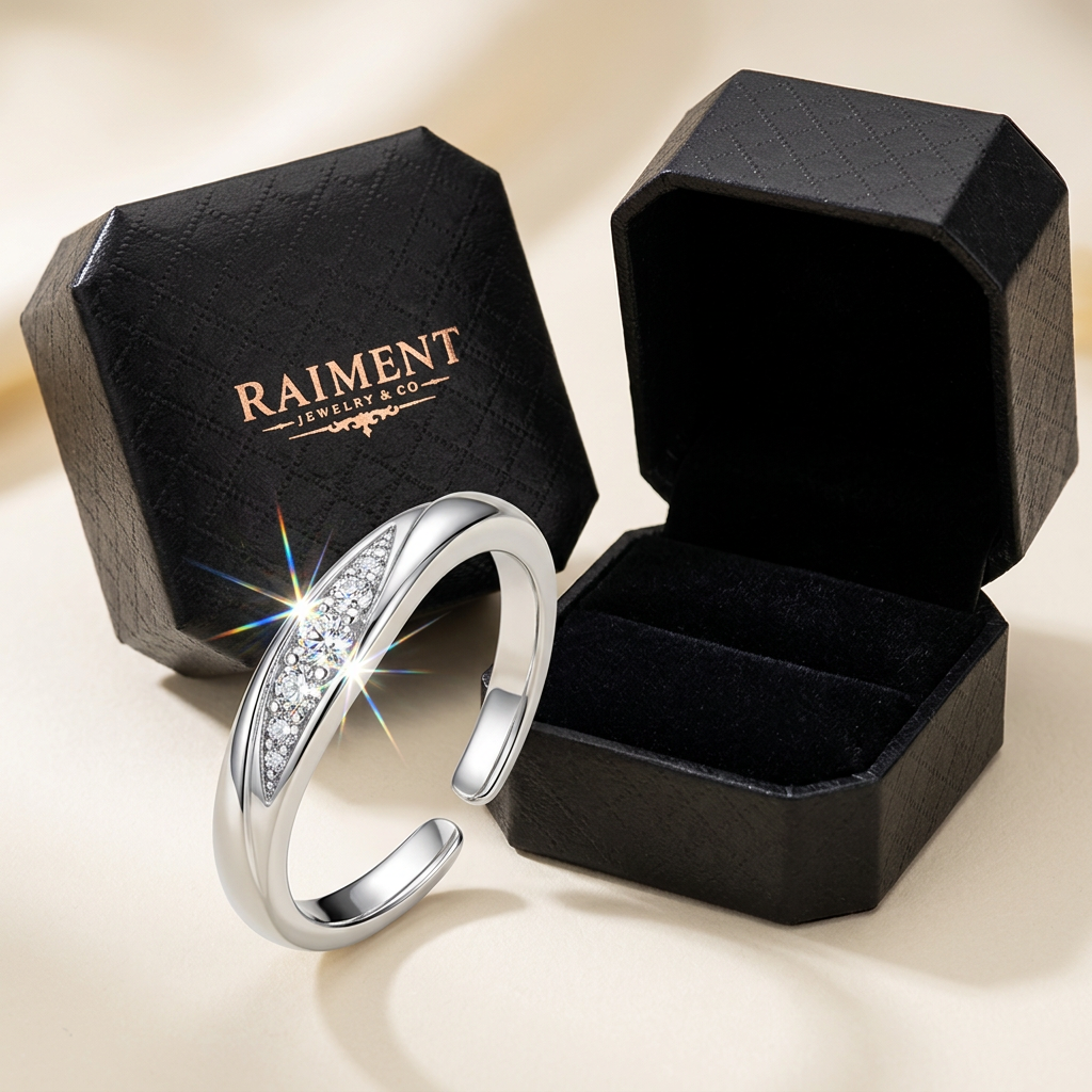 Raiment Jewelry & Co. adjustable moissanite wave ring beside open jewelry box on cream background