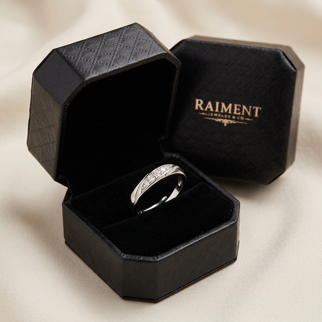 Adjustable moissanite wave ring inside open jewelry box, Raiment Jewelry & Co.