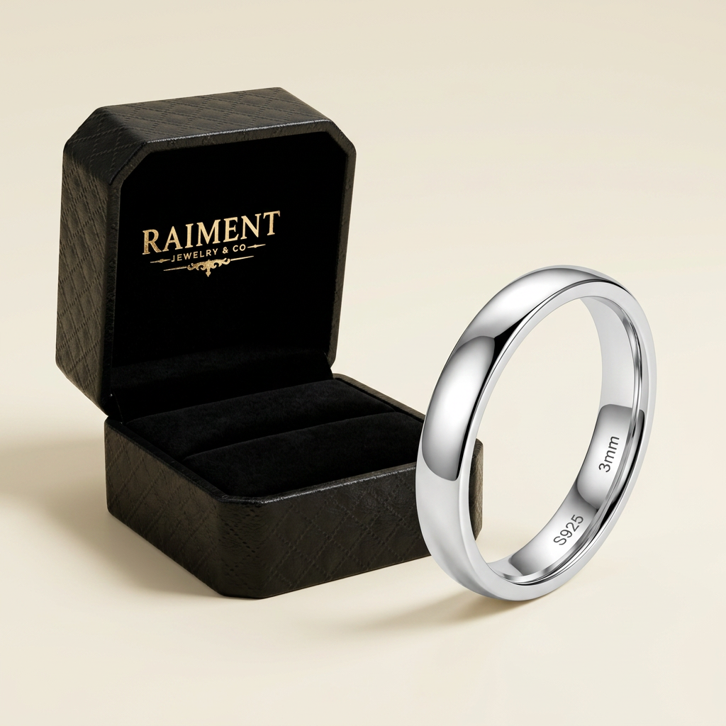 Raiment Jewelry & Co. men's polished band ring beside open jewelry box on cream background