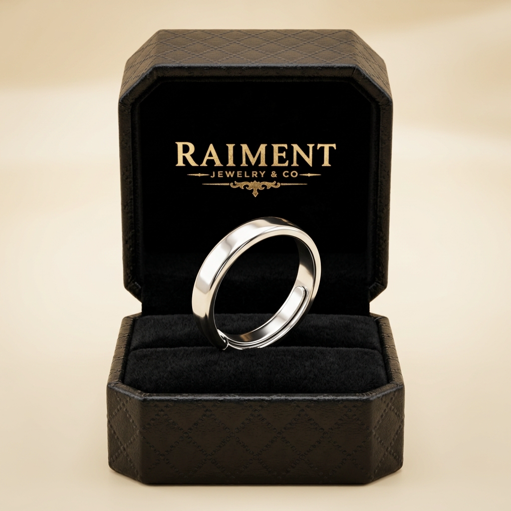 Men's polished band ring inside open jewelry box, Raiment Jewelry & Co.