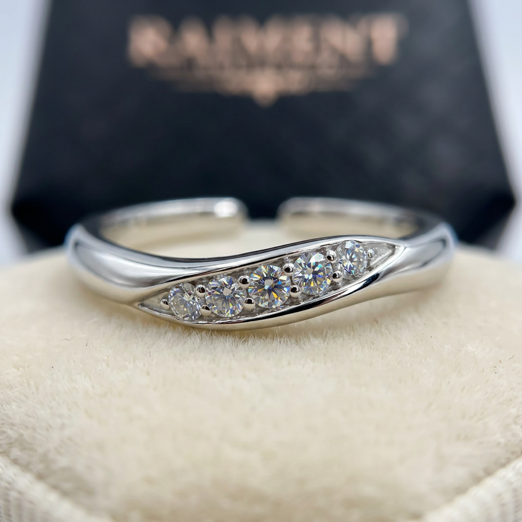 Adjustable moissanite band ring macro close-up, Raiment Jewelry & Co.