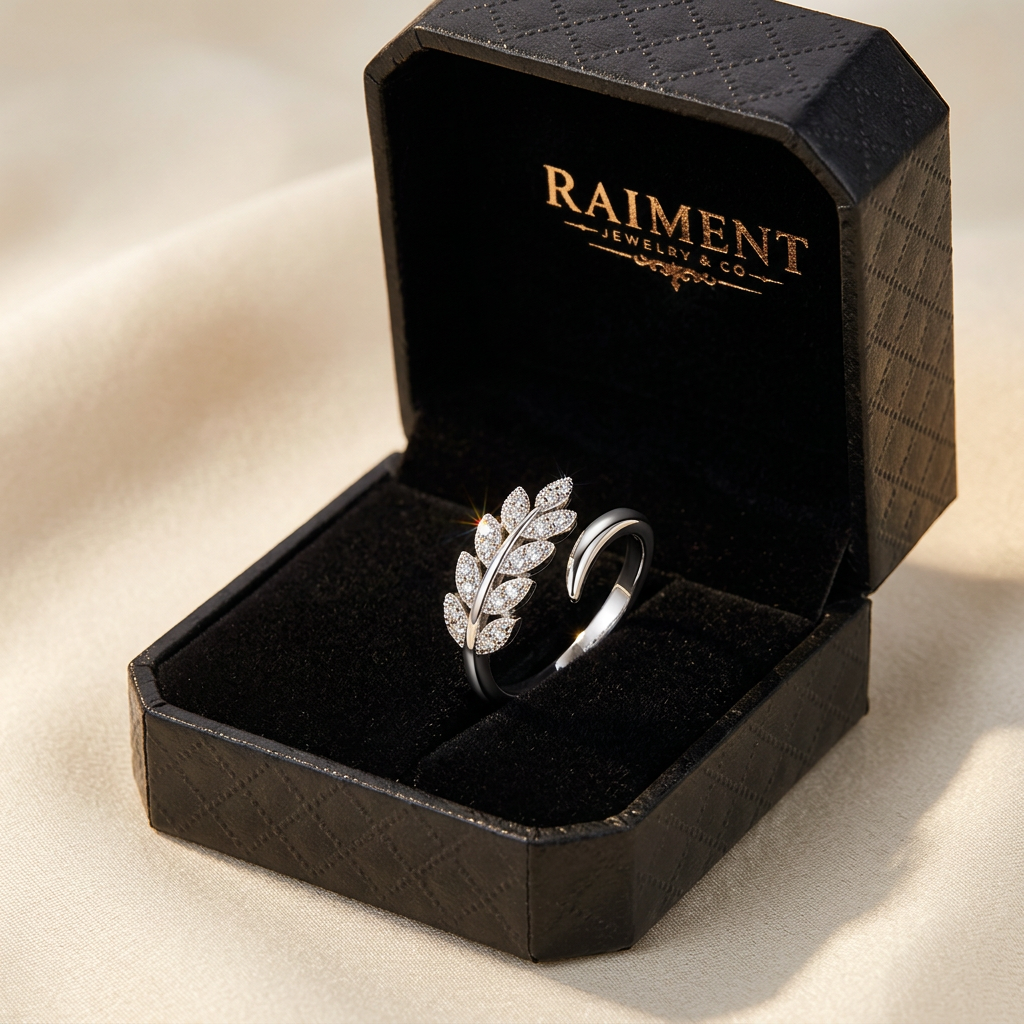 Adjustable moissanite band ring inside open jewelry box, Raiment Jewelry & Co.