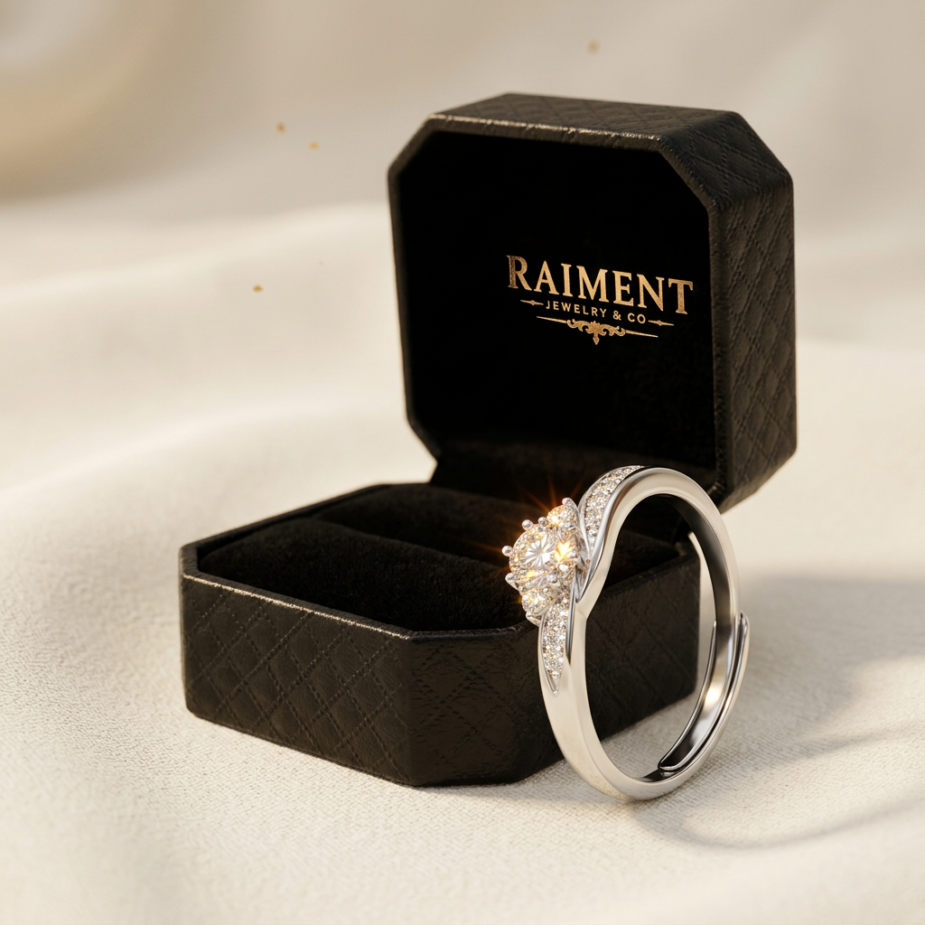 Adjustable moissanite band ring styled beside jewelry box on cream, Raiment Jewelry & Co.