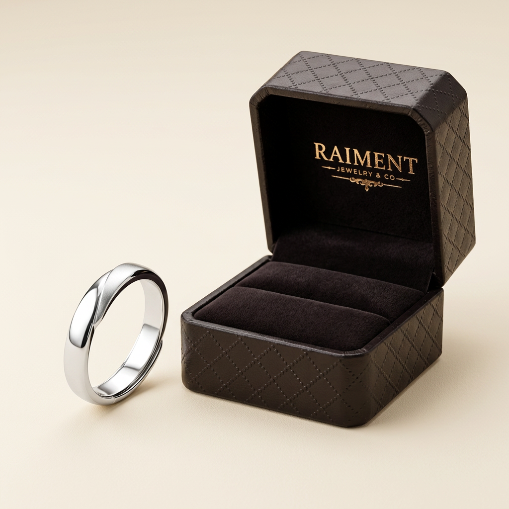 Raiment Jewelry & Co. men's polished band ring beside open jewelry box on cream background