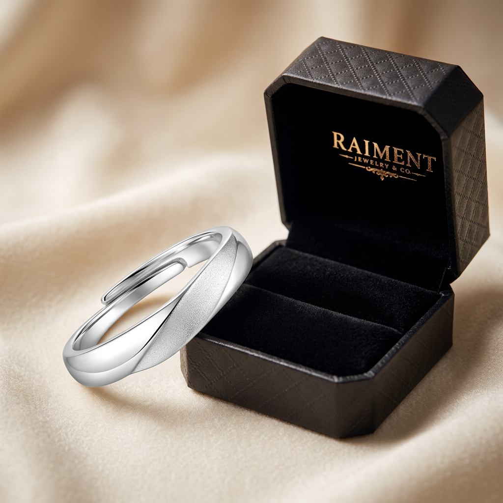 Men's polished band ring styled beside jewelry box on cream, Raiment Jewelry & Co.