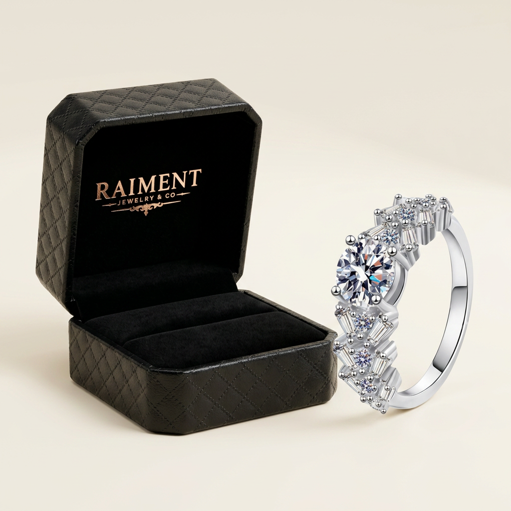 Raiment Jewelry & Co. moissanite scatter cluster ring beside open jewelry box on cream background