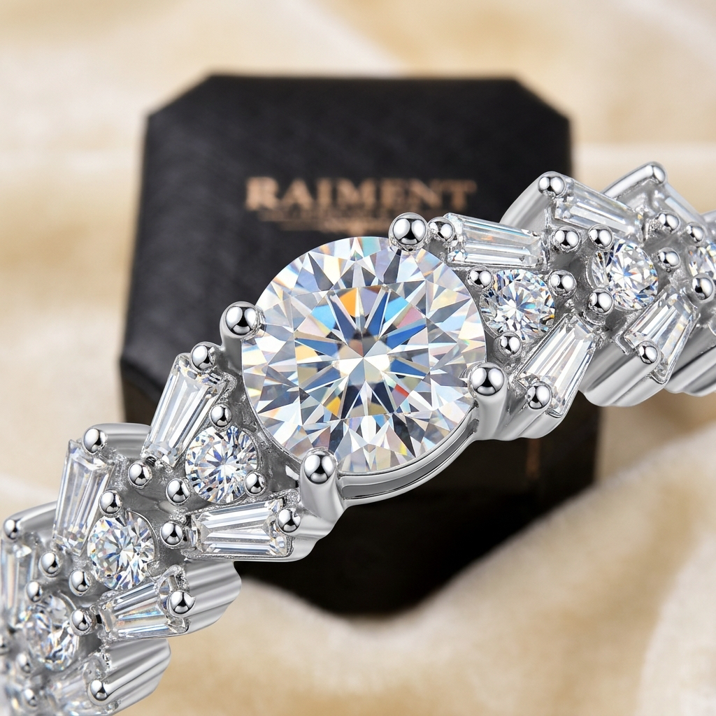Moissanite scatter cluster ring macro close-up, Raiment Jewelry & Co.