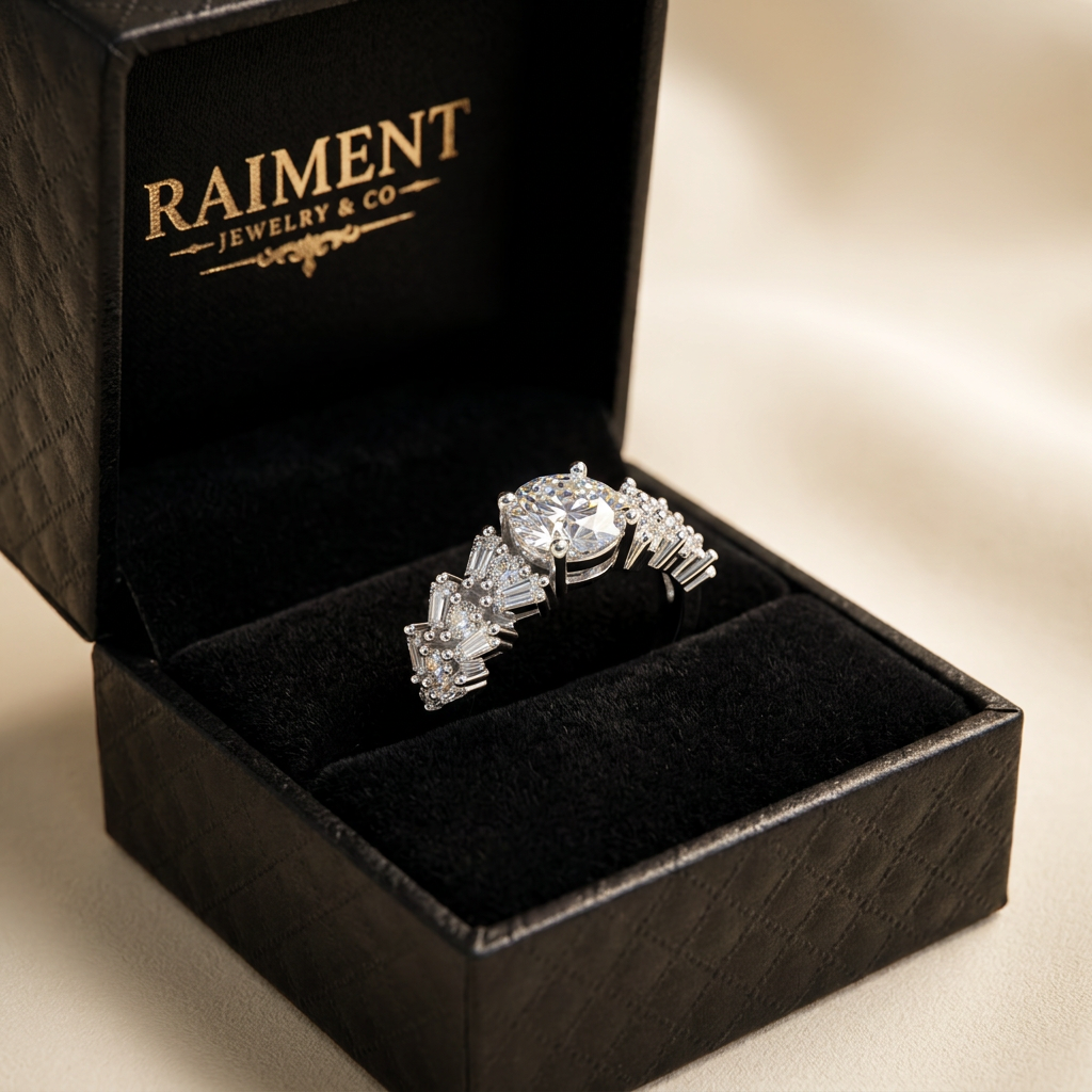Moissanite scatter cluster ring inside open jewelry box, Raiment Jewelry & Co.