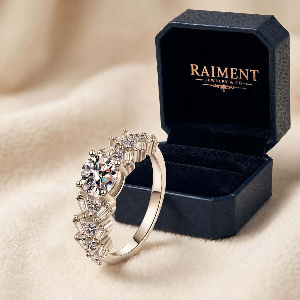 Moissanite scatter cluster ring styled beside jewelry box on cream, Raiment Jewelry & Co.