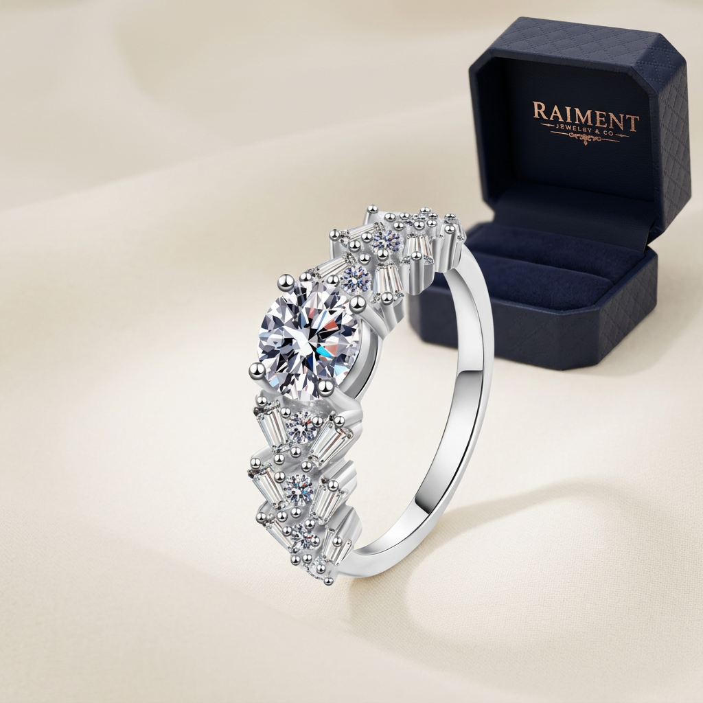 Moissanite scatter cluster ring on cream background, Raiment Jewelry & Co.