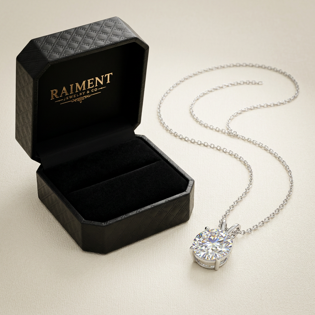 Raiment Jewelry & Co. oval cut moissanite pendant beside open jewelry box on cream background