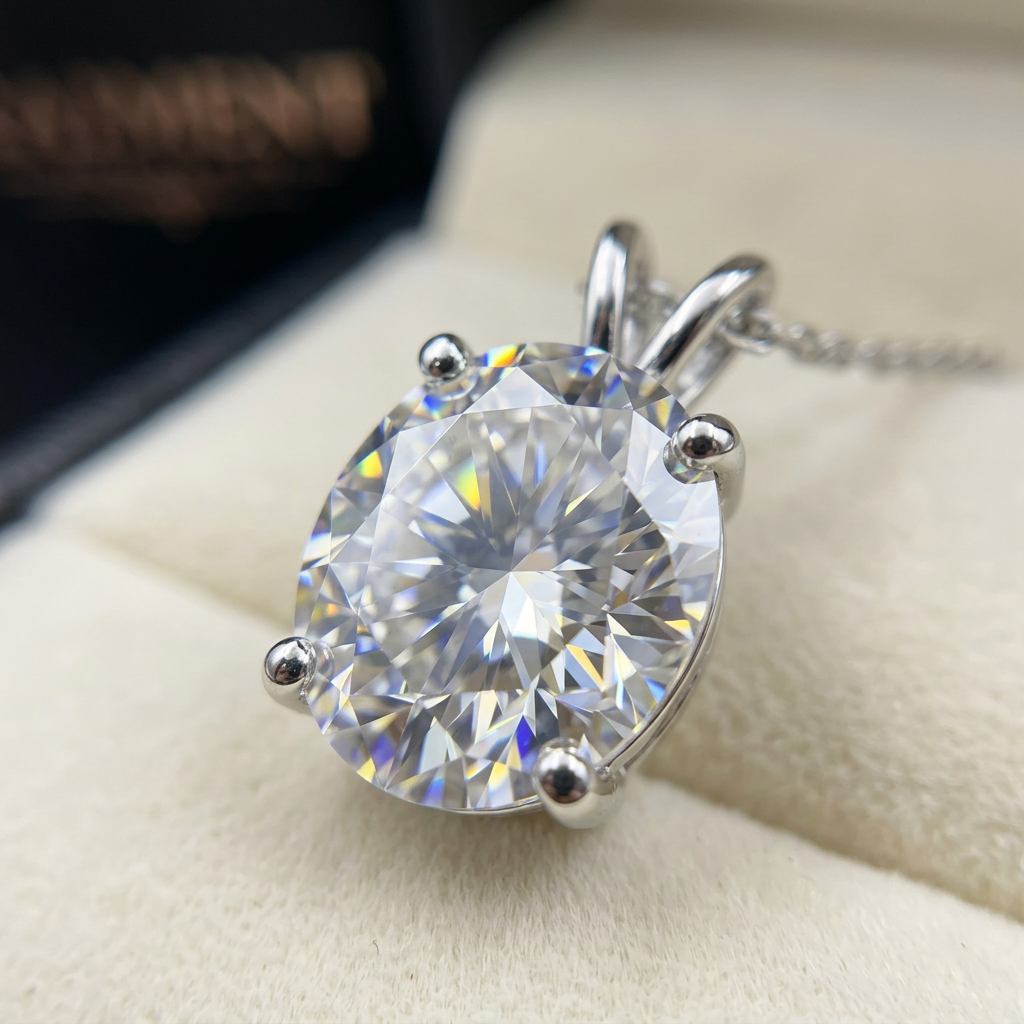 Oval cut moissanite pendant necklace macro close-up, Raiment Jewelry & Co.