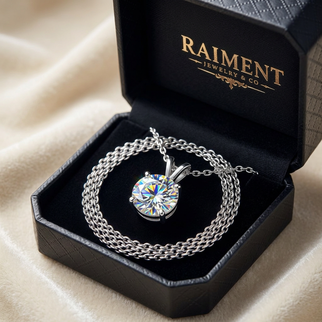 Oval cut moissanite pendant inside open jewelry box, Raiment Jewelry & Co.