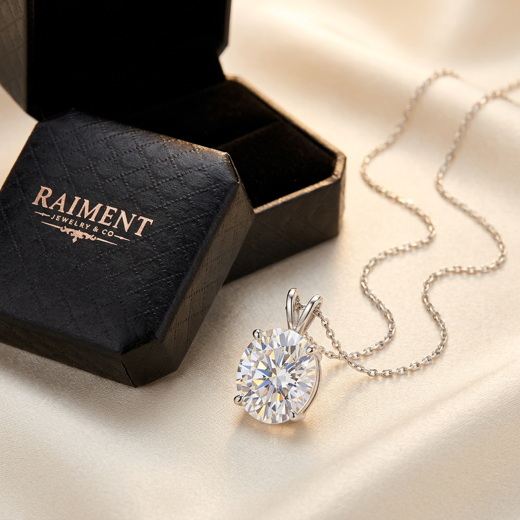 Oval cut moissanite pendant styled beside jewelry box on cream, Raiment Jewelry & Co.