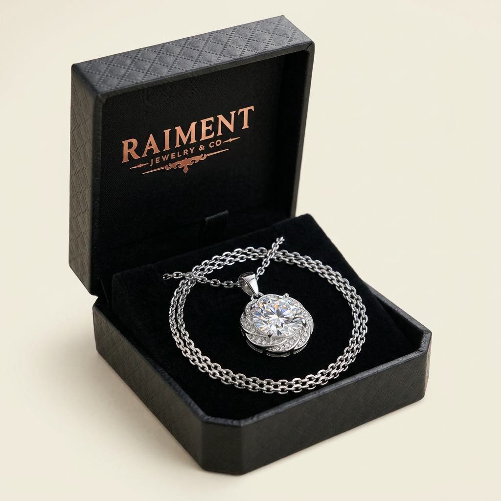 Princess cut moissanite pendant inside open jewelry box, Raiment Jewelry & Co.
